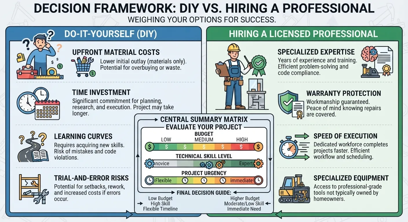 A side-by-side comparison infographic outlining the pros, cons, costs, and time investments of DIY versus hiring a professional service.