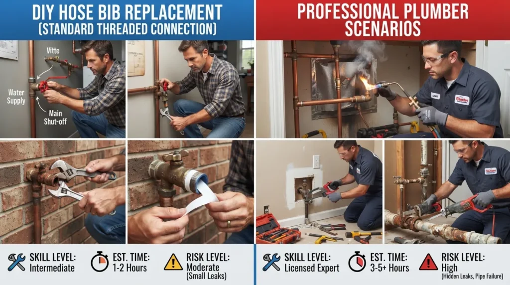 Comparison showing a homeowner inspecting an outdoor wall spigot alongside a professional plumber using pipe wrenches to install a new exterior water faucet.