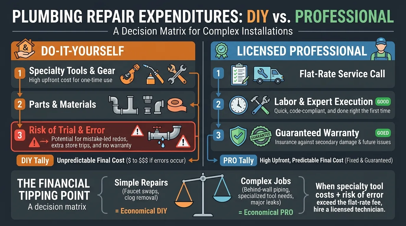 Infographic comparing the total costs of DIY plumbing repairs versus hiring a licensed professional plumber, highlighting material expenses versus labor rates.