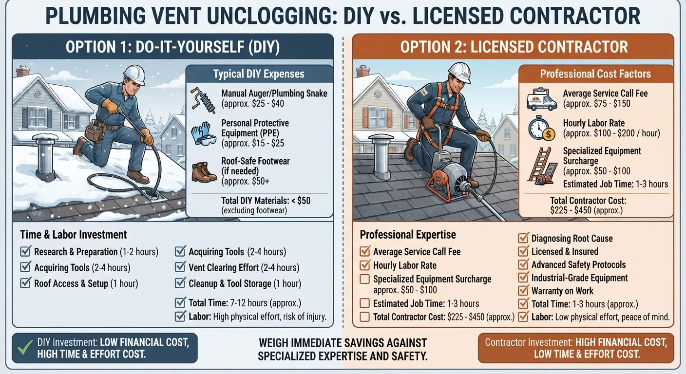 Infographic comparing the DIY cost of drain snakes and safety gear versus the average hourly rates and service fees of a professional plumber for unclogging a plumbing vent pipe.