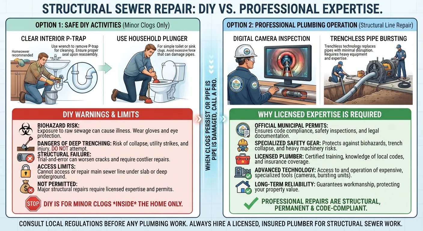 Side-by-side comparison of a homeowner attempting basic drain unclogging versus a licensed plumber operating heavy excavation and camera inspection equipment for sewer line repair.