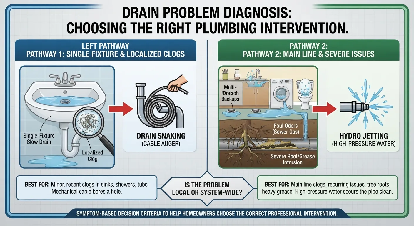 Infographic chart comparing plumbing symptoms for drain snaking versus hydro jetting, matching slow drains and multi-drain backups to the correct cleaning method.