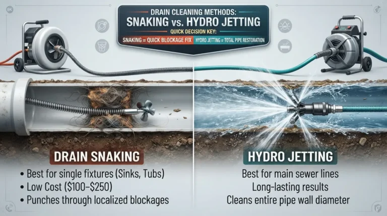 Side-by-side visual comparison showing the difference between drain snaking with a mechanical auger cable and hydro jetting using high-pressure water streams inside a clogged sewer pipe.