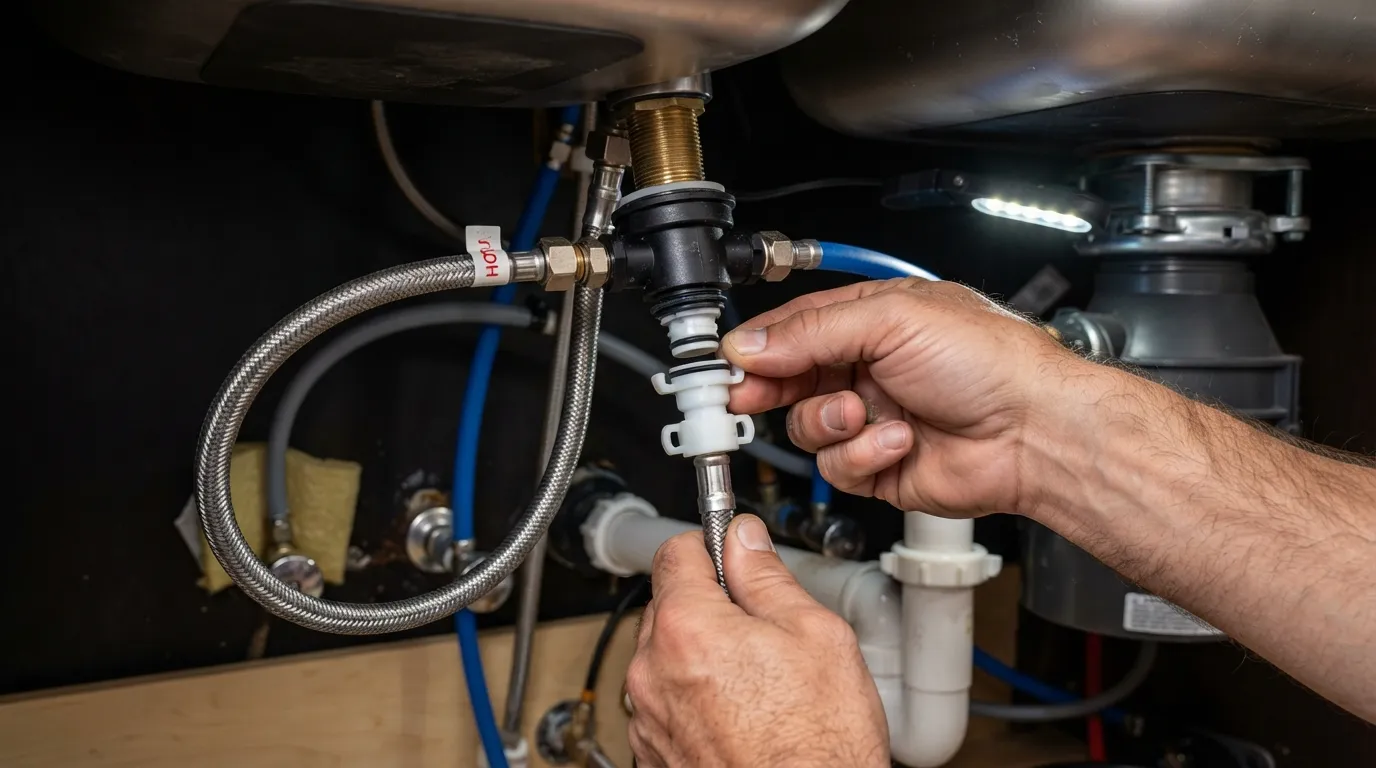 Close-up of hands pinching the squeeze-tabs on a quick-connect faucet hose underneath a kitchen sink to release the fitting.