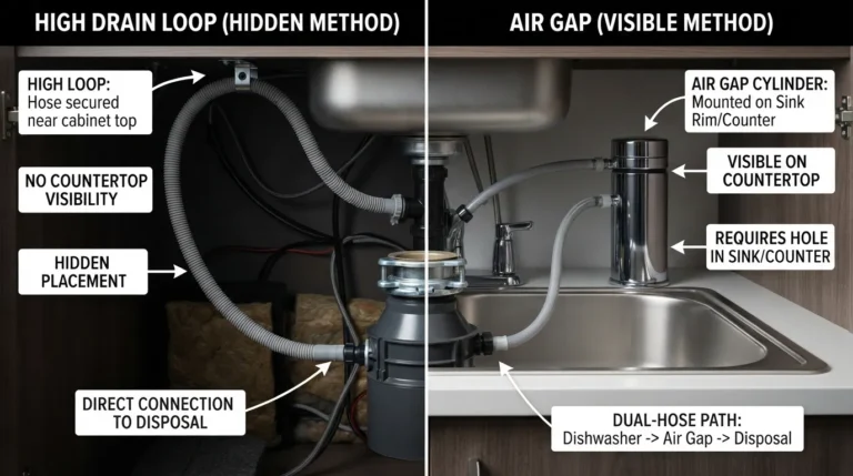 Side-by-side comparison diagram showing a dishwasher high loop installed under the sink cabinet versus a deck-mounted air gap on the kitchen countertop.