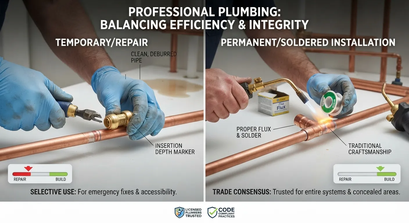 Close-up photo of a licensed plumber installing a brass SharkBite push-to-connect fitting on a copper water pipe under a sink.