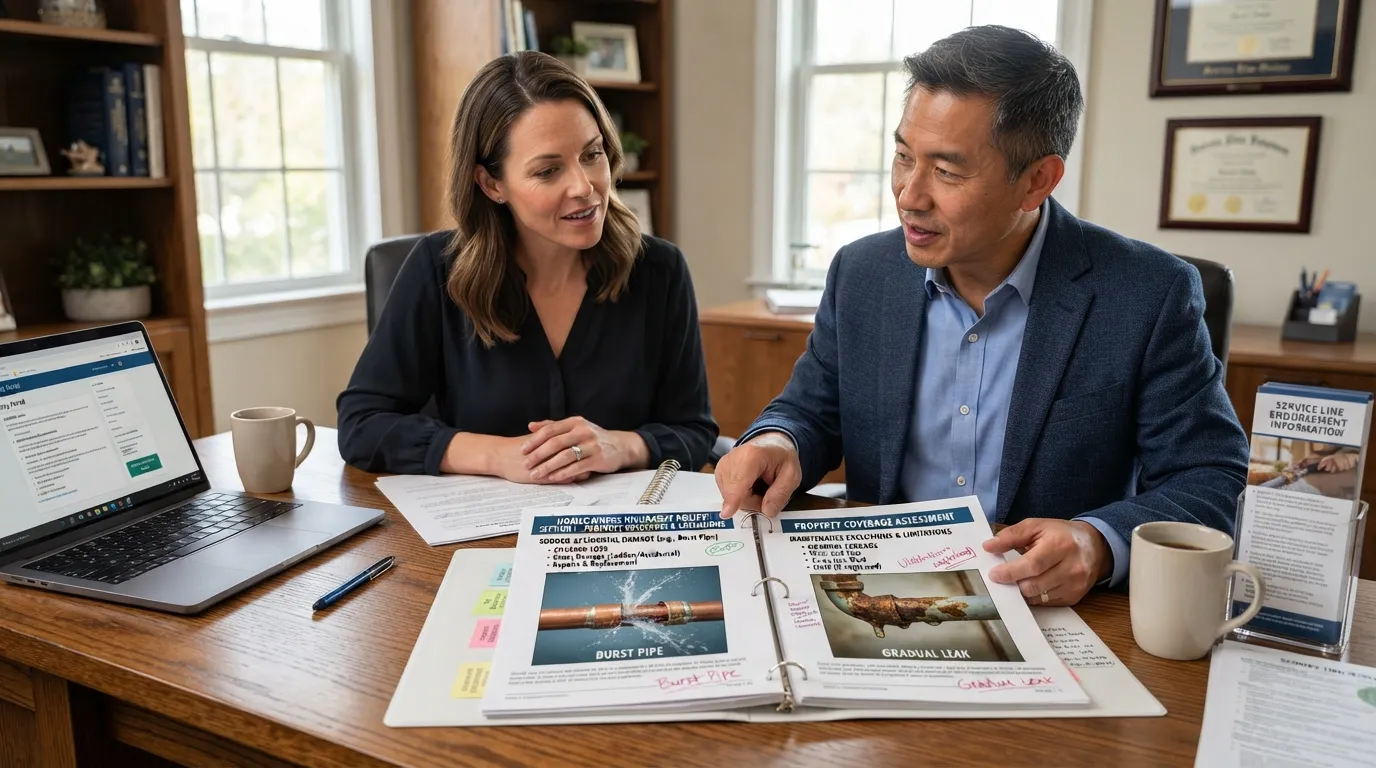 A homeowner reviewing home insurance policy documents with a claims adjuster while assessing property damage from a water leak.