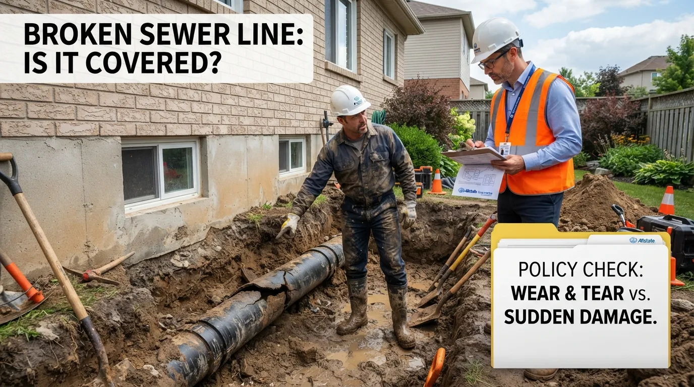 A visual breakdown of a broken sewer line repair in front of a residential home, illustrating the process of determining insurance coverage for the damage.