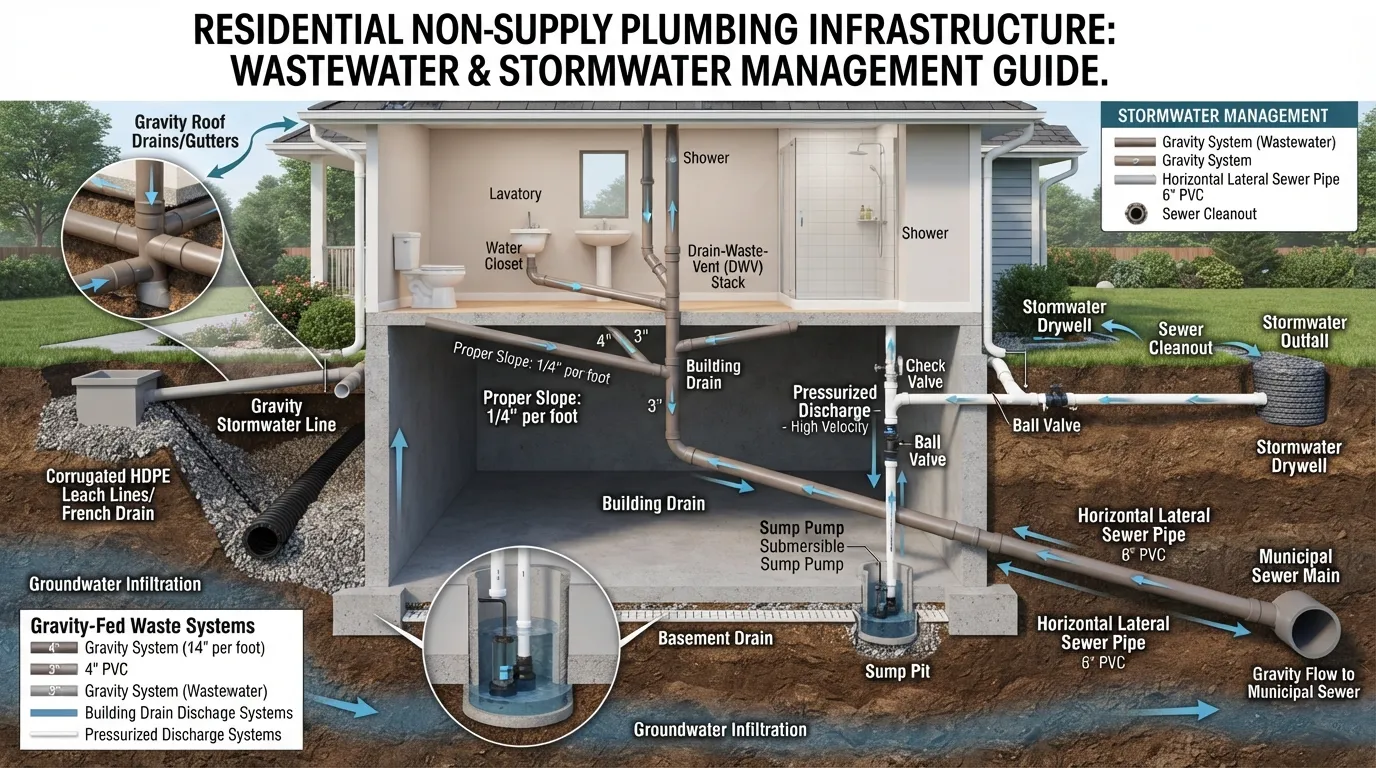 Detailed diagram and comparison of drainage, waste, vent, corrugated, and discharge pipes used in plumbing systems.