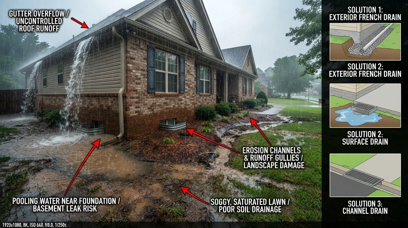 A professional exterior property inspection showing signs of poor drainage, standing water, and foundation pooling to help homeowners determine if they need a new drainage system.
