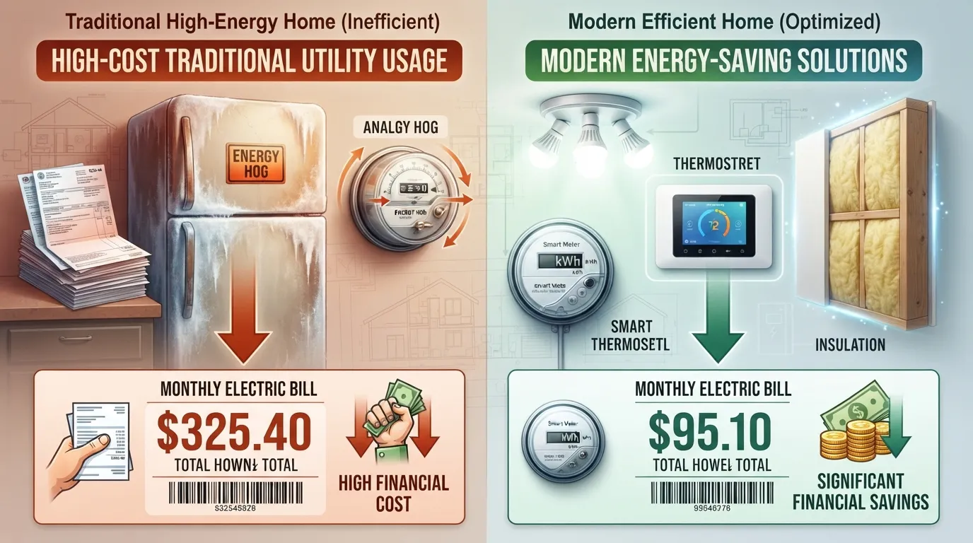 A split-screen infographic comparing a high monthly electricity bill with smart home energy-saving upgrades and a meter reading showing reduced power consumption.