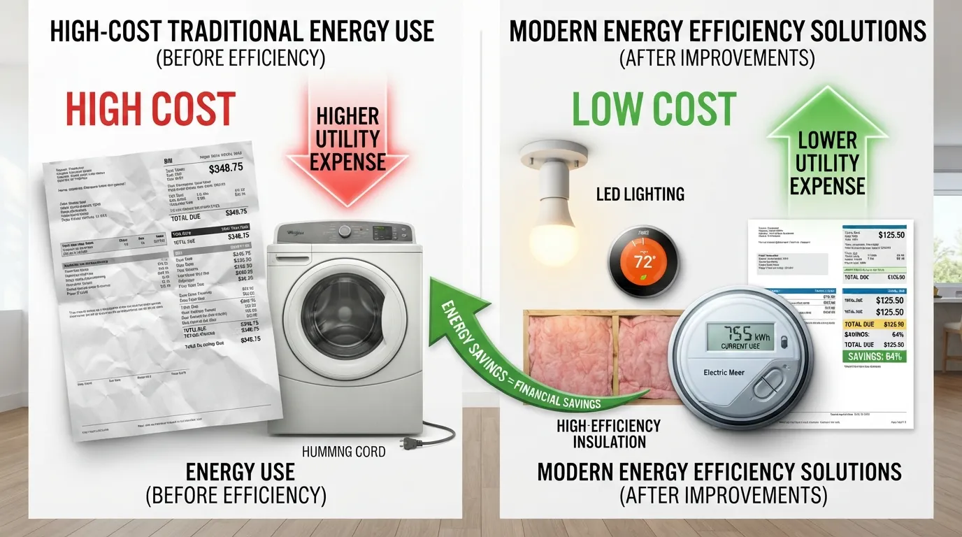 A split-screen infographic comparing a high monthly electricity bill with smart home energy-saving upgrades and a meter reading showing reduced power consumption.