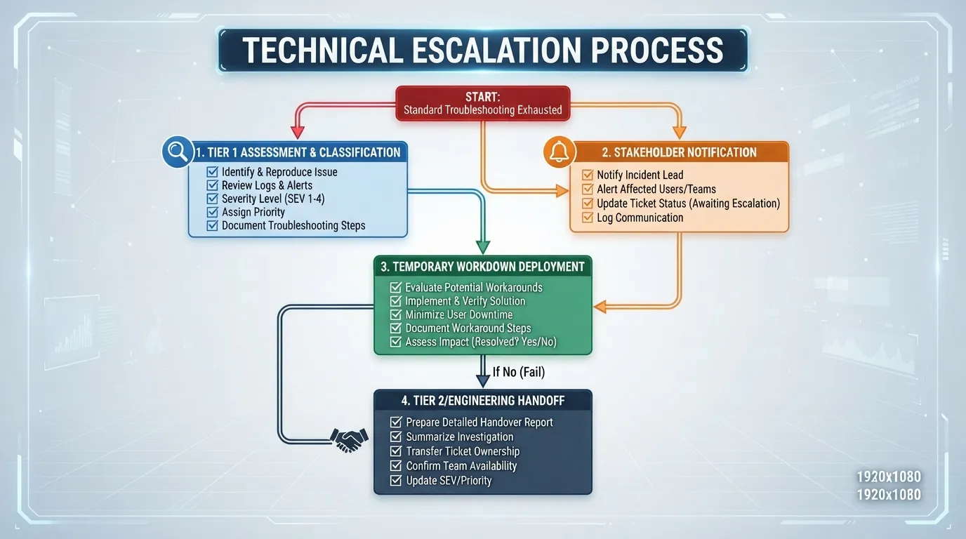 Flowchart illustrating a step-by-step escalation guide for critical technical troubleshooting when standard fixes fail.