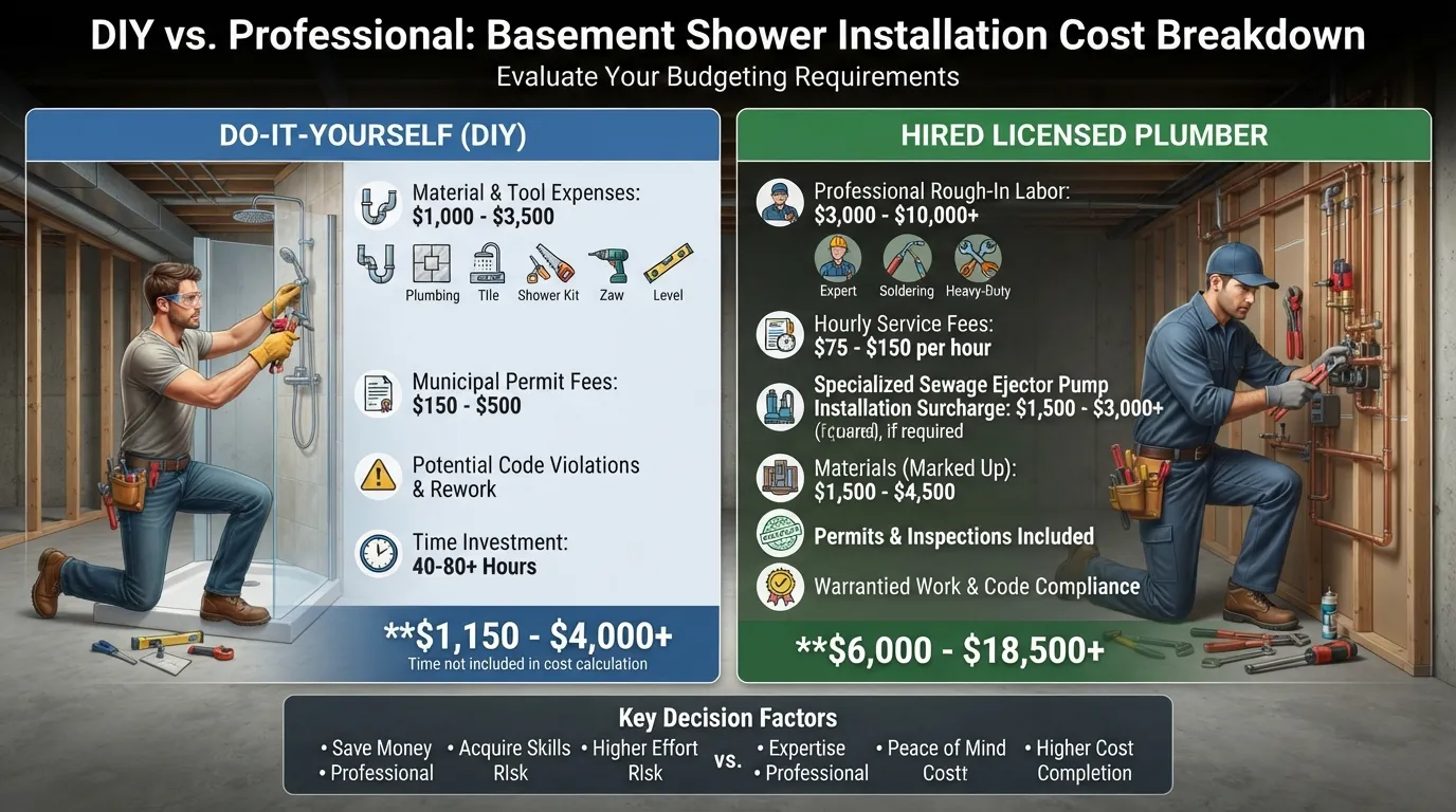 Infographic showing a side-by-side cost comparison for plumbing a basement shower, detailing DIY material budgets versus licensed plumber labor and ejector pump installation fees.