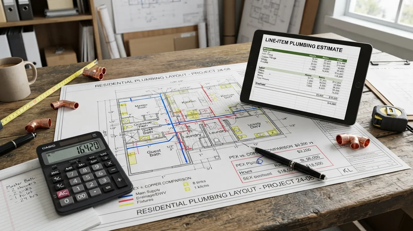 Plumber reviewing blue prints and a cost estimation checklist for a whole-house repiping and new construction plumbing project.