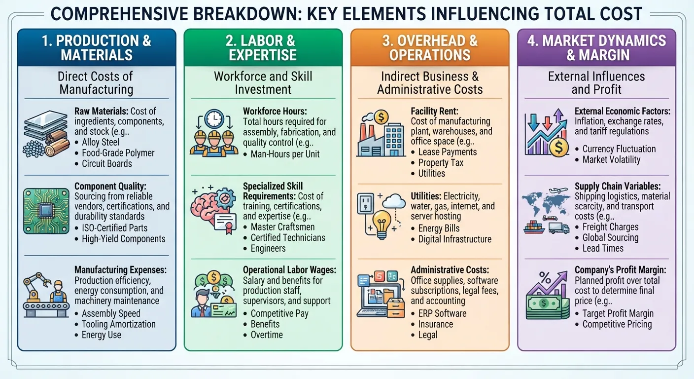 Infographic breaking down the key factors that affect the final price of a product or service, including material costs, labor, overhead, and profit margins.