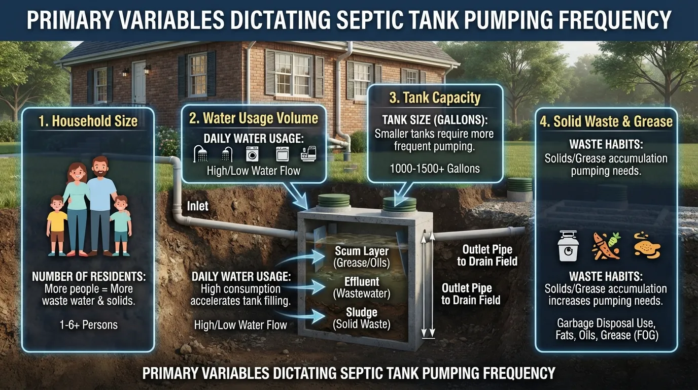 Infographic illustration showing the key factors that affect a septic tank pumping schedule, including household size, daily water usage, tank capacity, and solid waste volume.