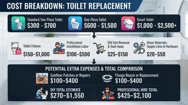 Infographic chart outlining the 2026 average cost breakdown for replacing a toilet, including fixture prices, professional labor rates, and total project estimates.