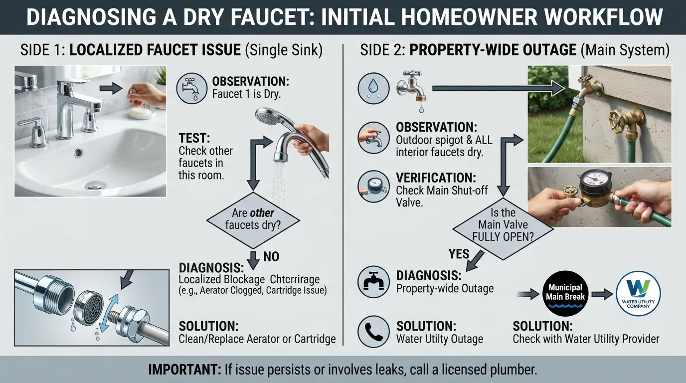 A homeowner testing a bathroom sink faucet to determine if a water outage is isolated to one fixture or affecting the entire house.