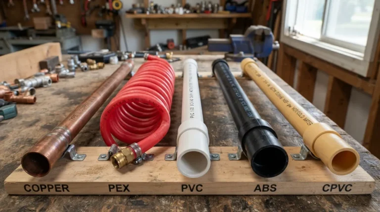 Five common plumbing pipe types used today: copper, PEX, PVC, ABS, and CPVC pipes shown side by side for easy comparison.