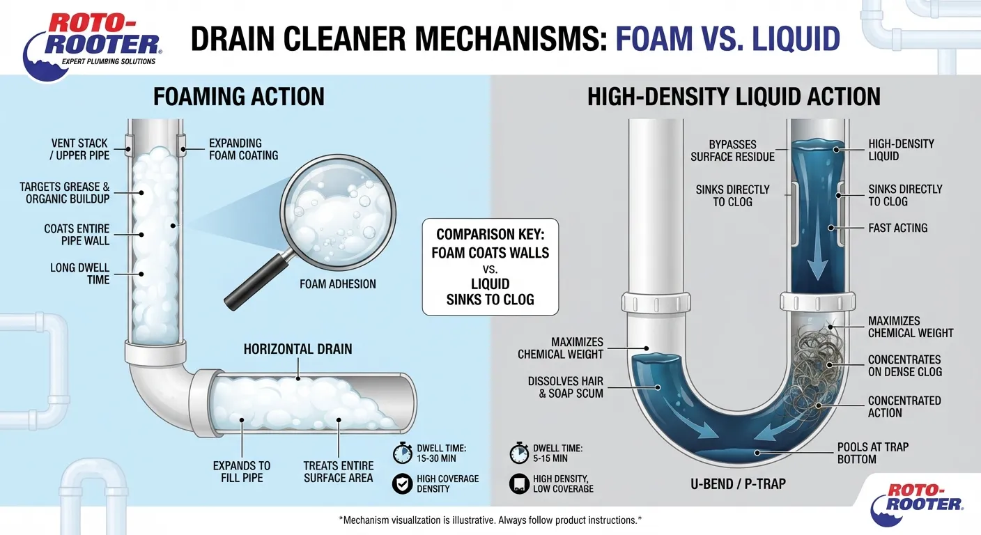 Side-by-side comparison of foaming and liquid drain cleaners showing chemical reaction mechanics inside a clear plastic pipe model.