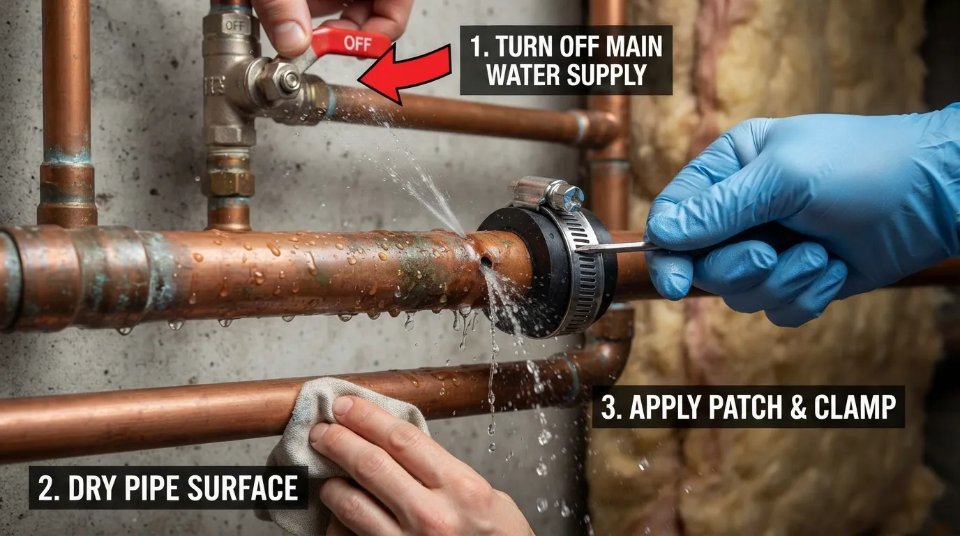 A close-up view of a copper pipe showing a minor pinhole water leak, with a gloved hand applying a temporary pipe repair clamp and epoxy tape.