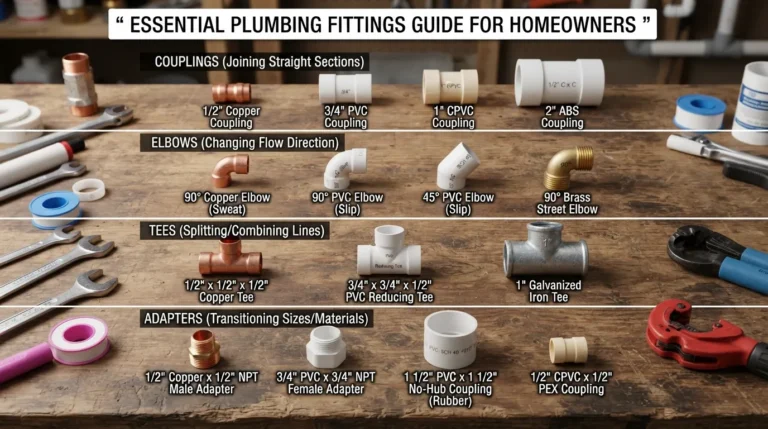 An illustrative guide showing the four main types of plumbing fittings used in home piping systems.