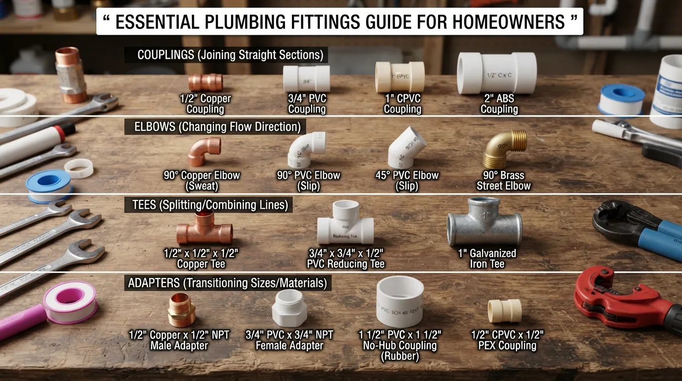 An illustrative guide showing the four main types of plumbing fittings used in home piping systems.