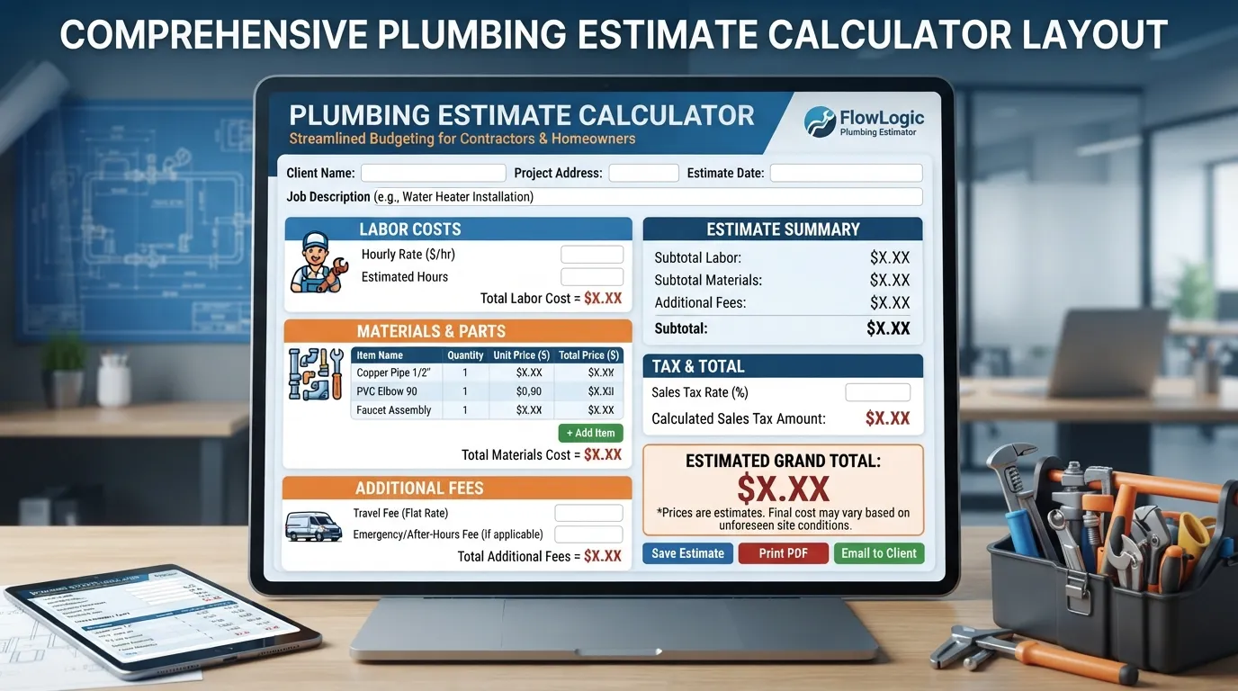 Screenshot of a digital plumbing estimate template and cost calculator showing labor, materials, and total service charges.