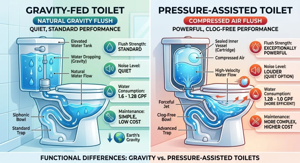 A side-by-side comparison of a gravity-fed toilet and a pressure-assisted toilet, highlighting the inner tank mechanisms and flushing power.