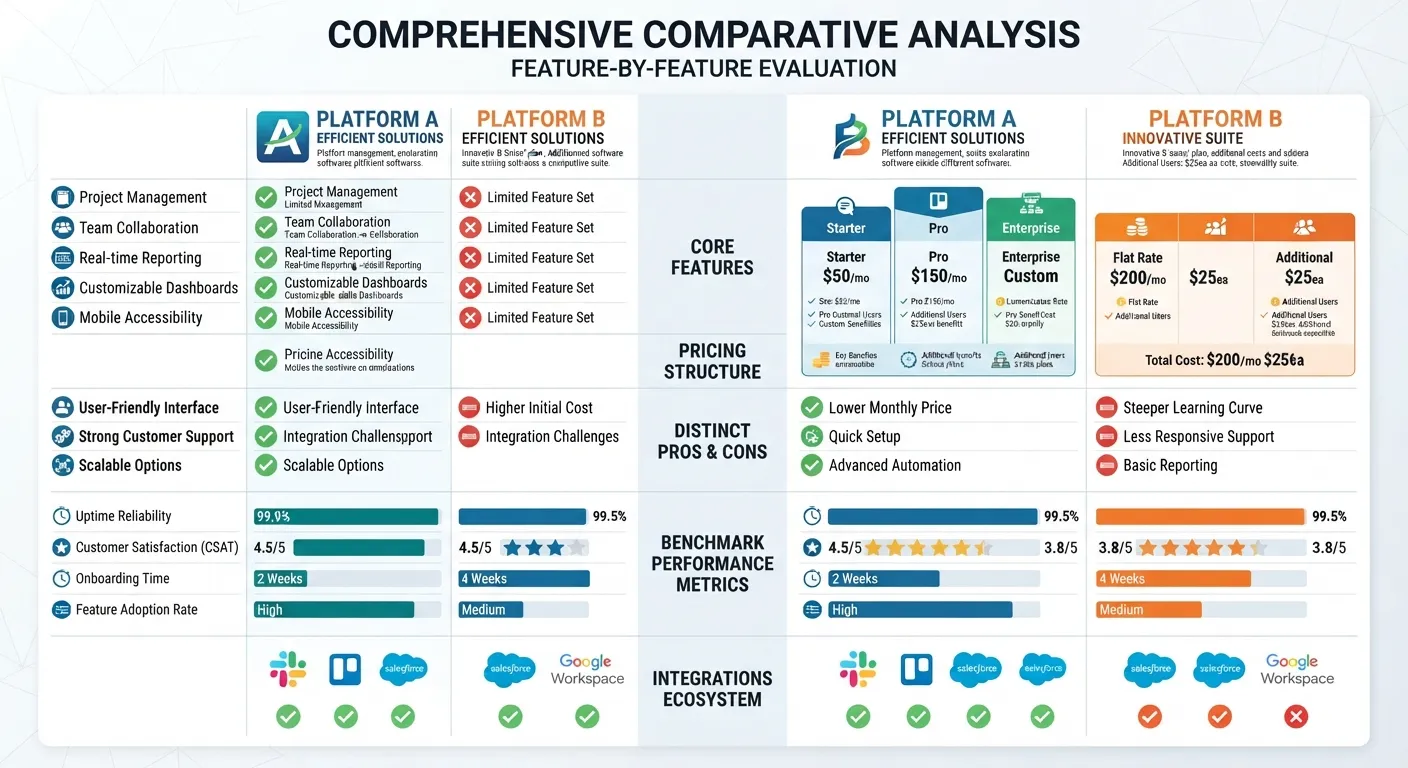 Side-by-side comparison chart and metrics table evaluating two competing options across features, pros, cons, and performance indicators.
