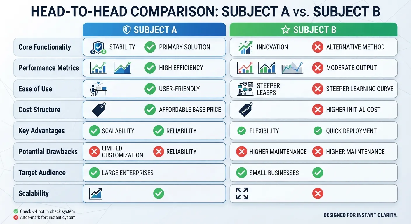 A side-by-side comparison chart and feature matrix laid out on a desk, visually contrasting two options head-to-head for evaluation.
