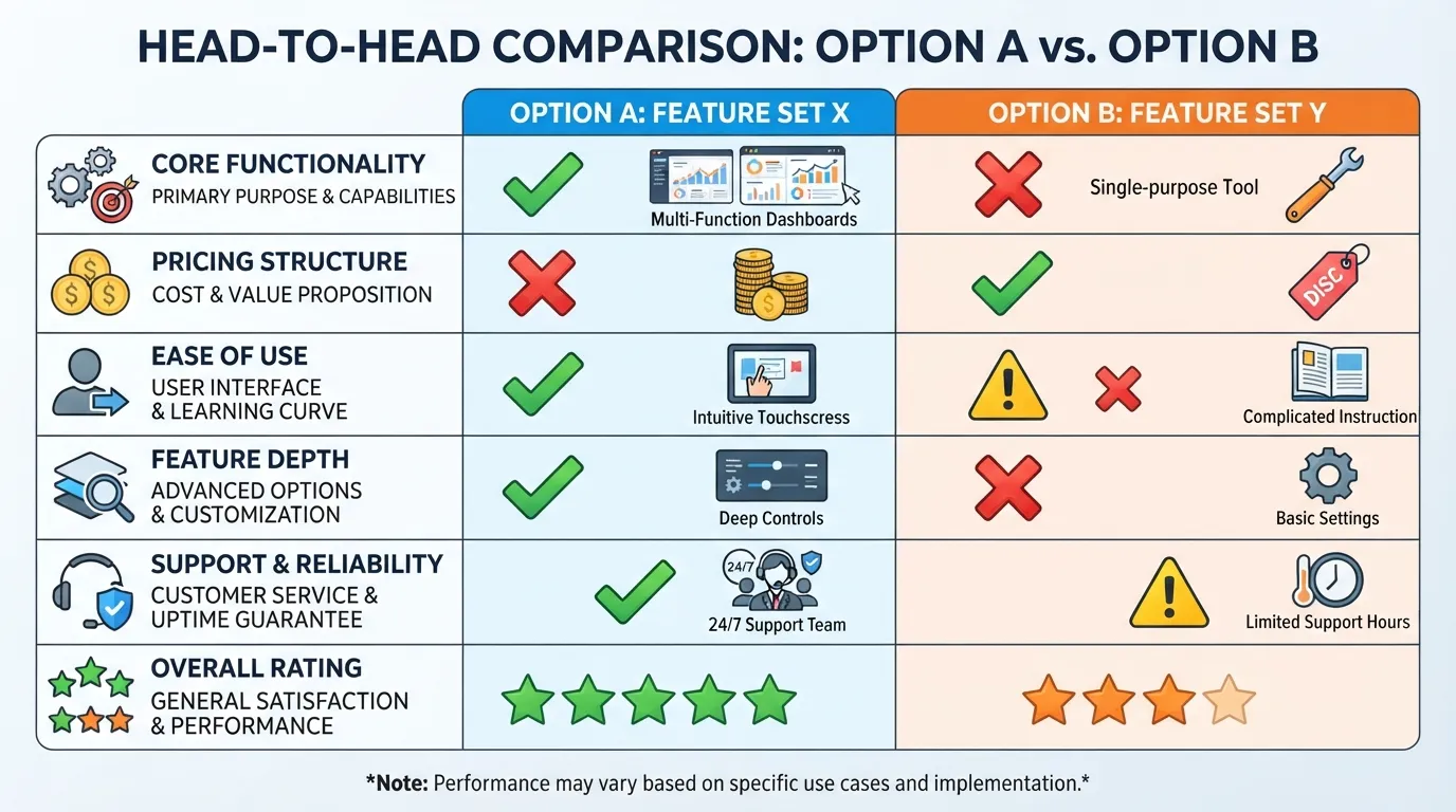 A side-by-side comparison chart and feature matrix laid out on a desk, visually contrasting two options head-to-head for evaluation.