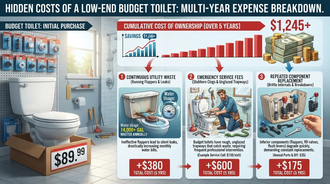 Infographic showing the financial breakdown of hidden costs associated with cheap toilets, including water bills and plumber repair fees.