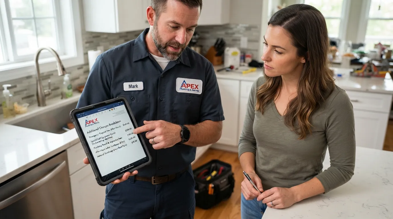 Plumber explaining unexpected line-item fees and additional repair costs on a digital tablet to a homeowner.