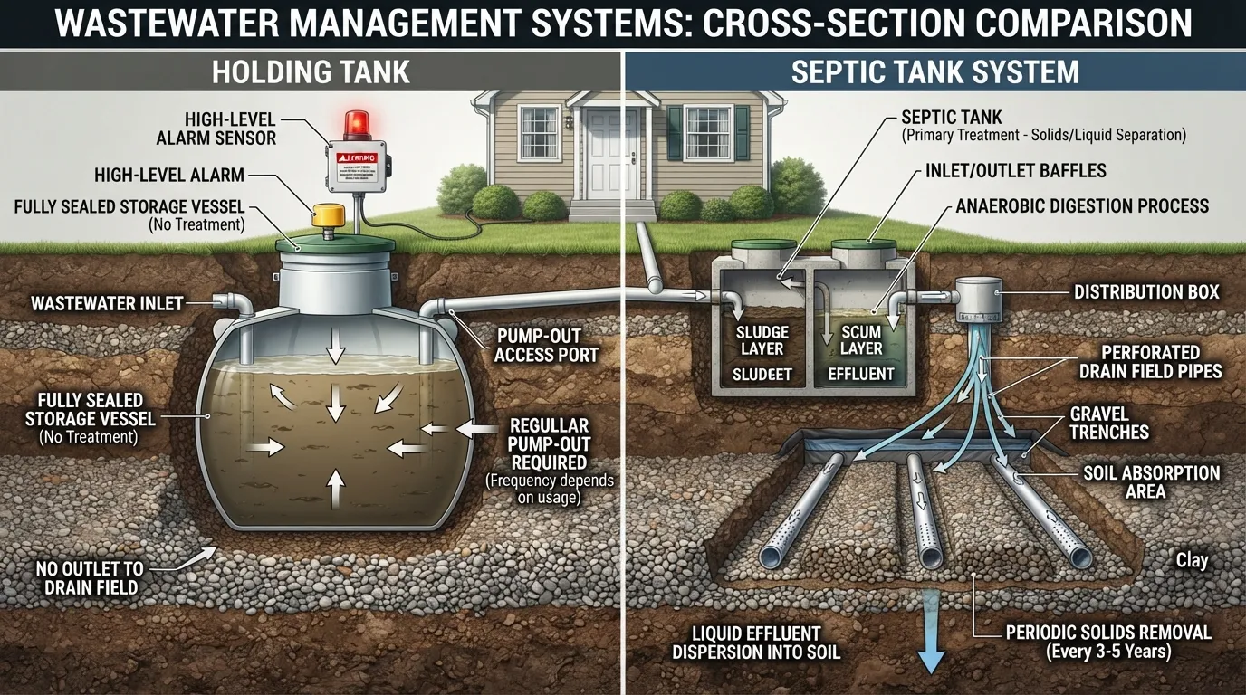 Infographic comparing a sealed underground holding tank with no drain field to a septic tank connected to a soil absorption drain field.