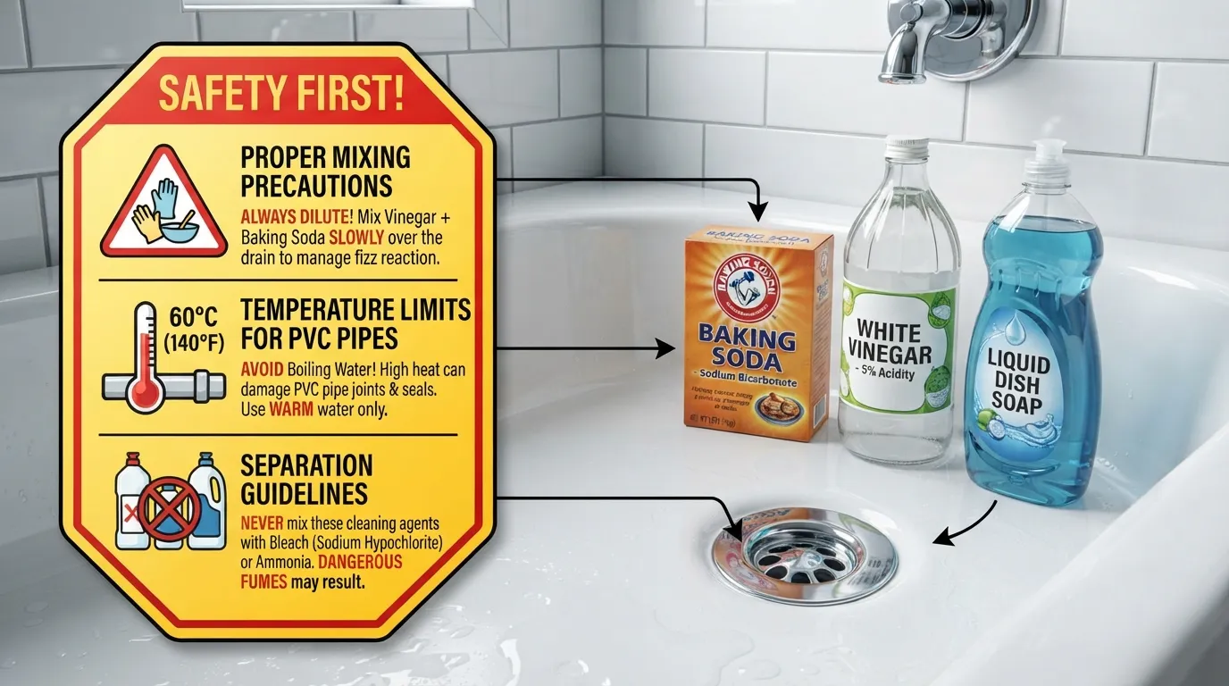 Natural home remedies including baking soda, vinegar, and dish soap placed next to a bathtub with a safety warning icon to safely unclog drains.