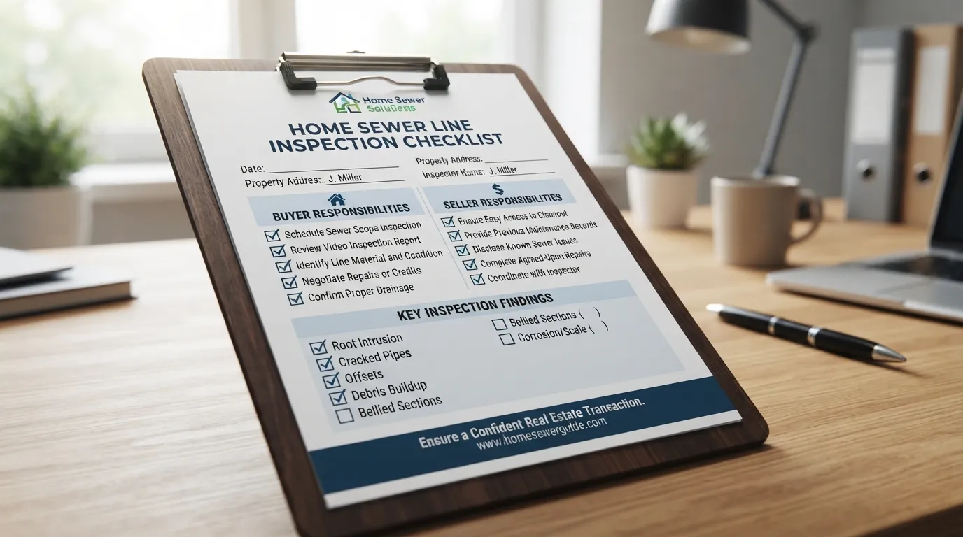 A comprehensive checklist document on a clipboard summarizing the home sewer line inspection process for both buyers and sellers, including key steps like video camera inspection, line locating, and evaluating overall condition.