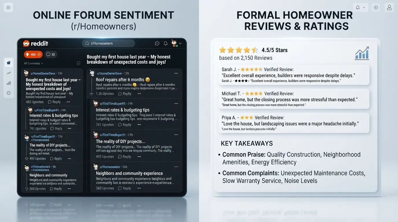 A compilation of screenshots showing Reddit discussions and homeowner reviews discussing real-world experiences and feedback.