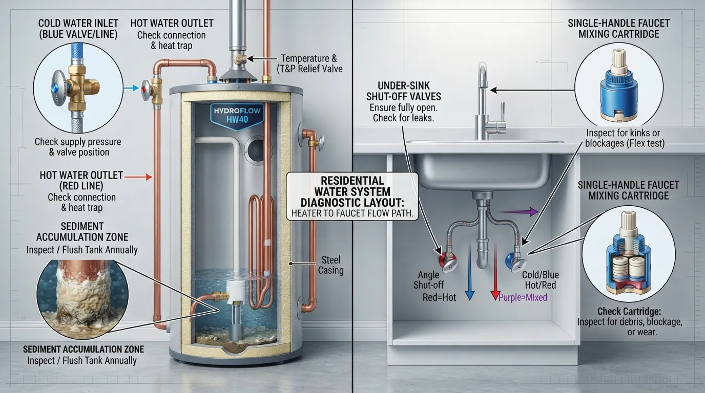 A close-up diagram illustrating the water heater supply lines and under-sink shut-off valves to diagnose why hot water is not working while cold water runs fine.