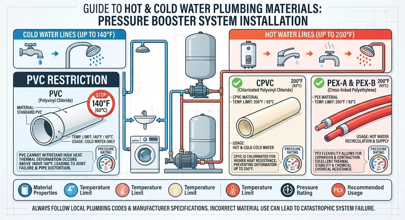 Comparison of hot and cold water plumbing lines showing different pipe materials used for water pressure booster systems