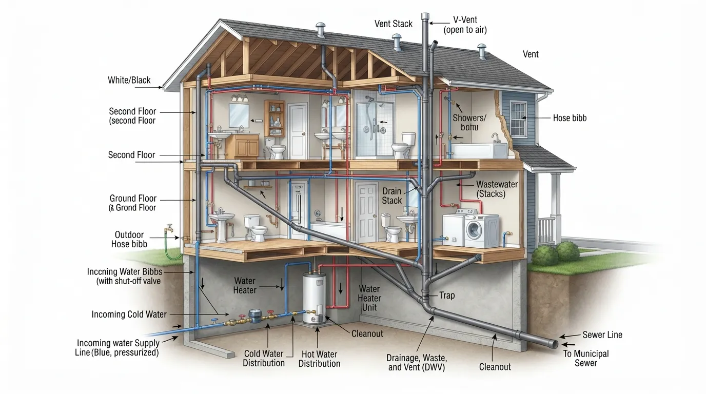 Detailed house plumbing diagram showing the main water supply line, water heater, supply pipes, and drainage system connected to the main sewer line.