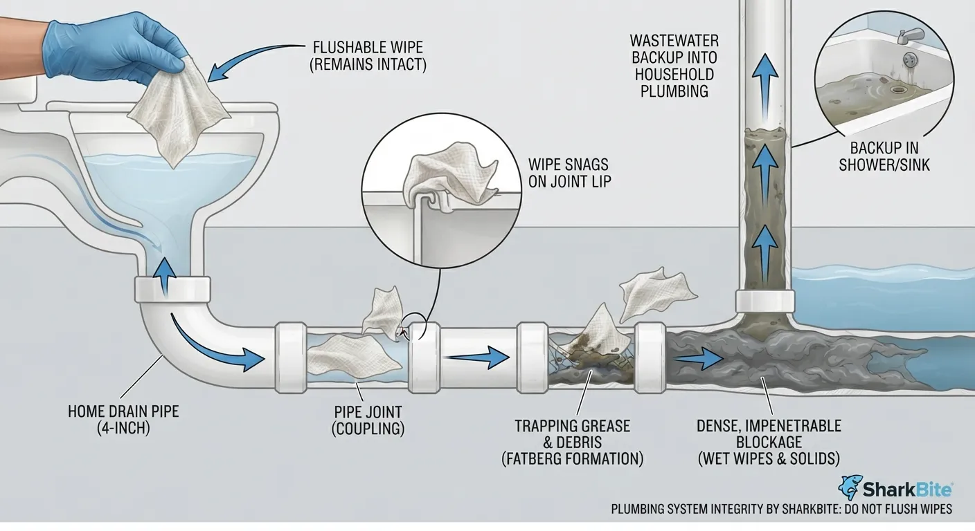 Cross-section illustration showing flushable wipes clogging a residential drain pipe and sewer line.