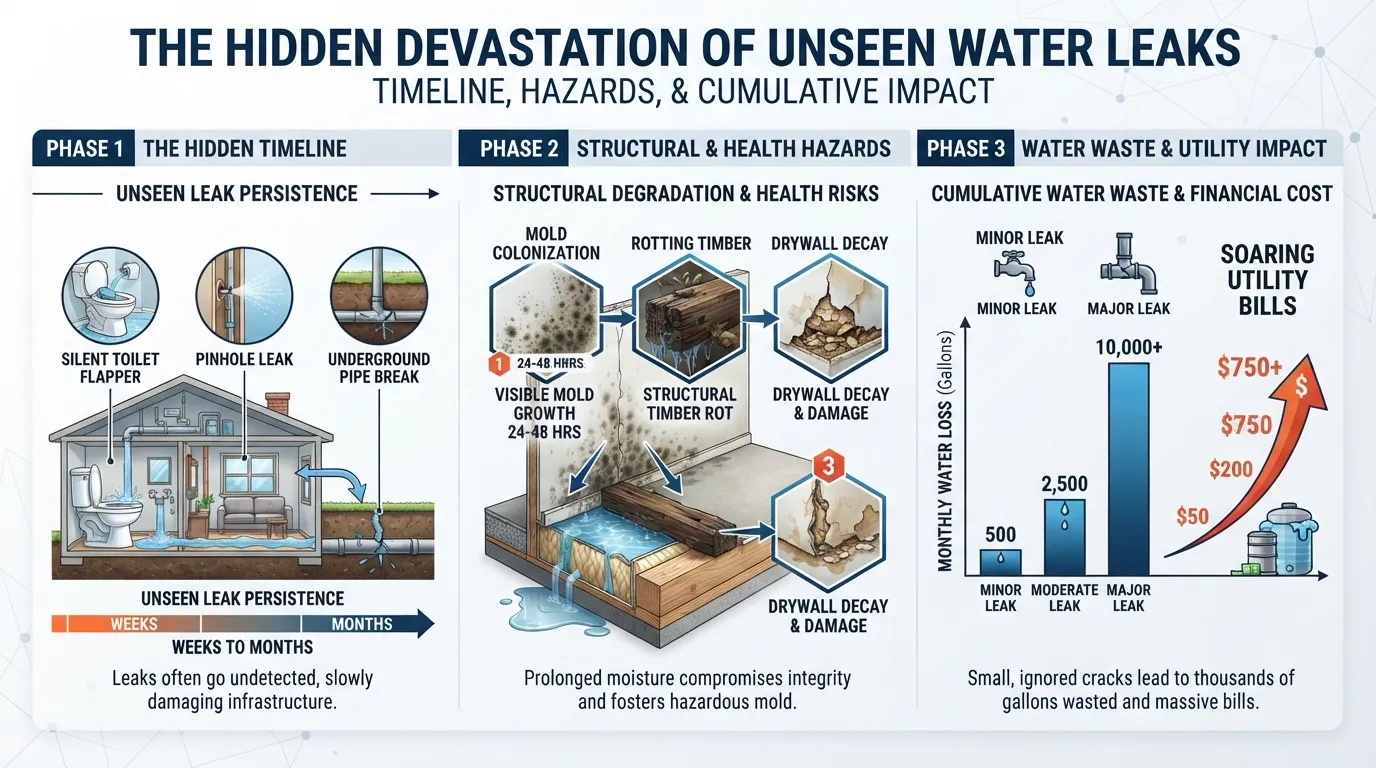 Infographic chart showing the timeline of unnoticed water leaks, mold growth risks, and the financial impact of wasted gallons per month.