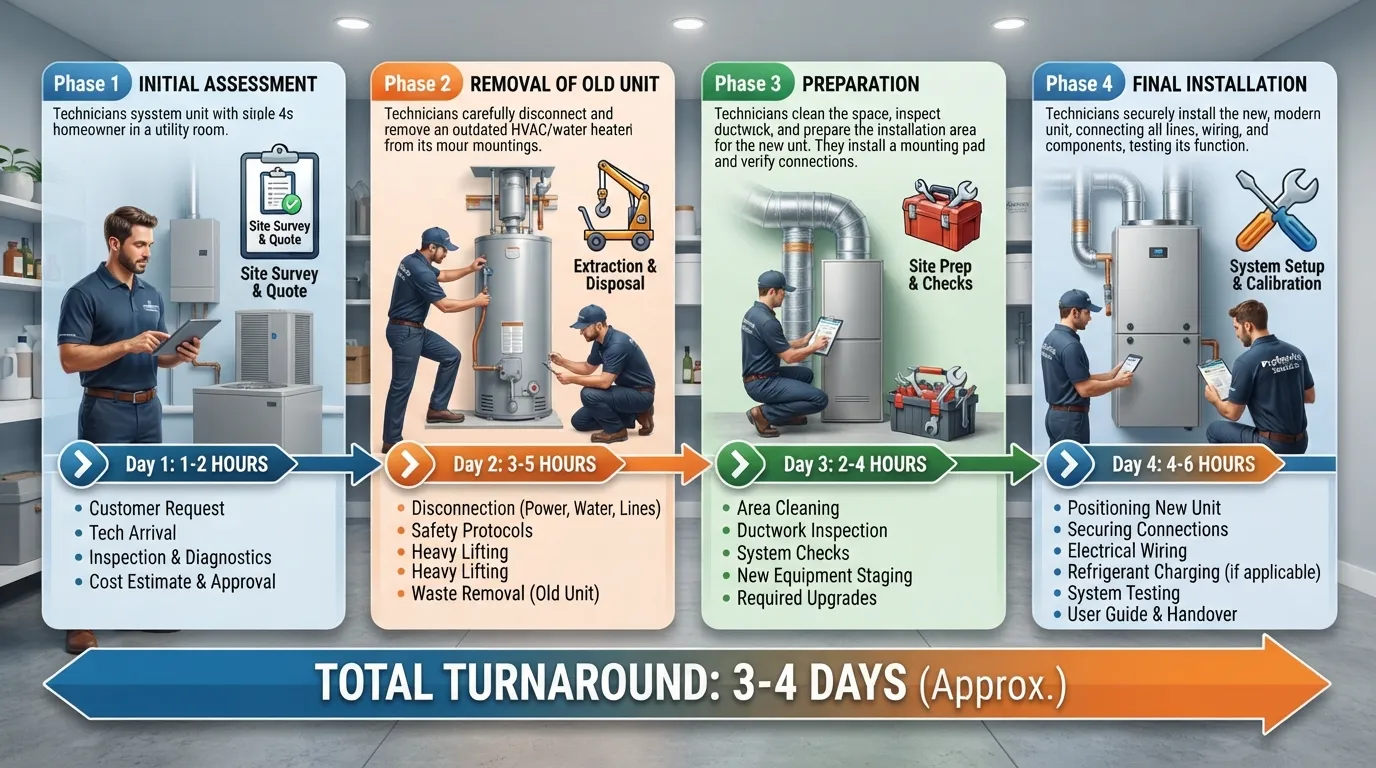 A detailed timeline graphic showing the average step-by-step duration for a standard replacement process from start to finish.