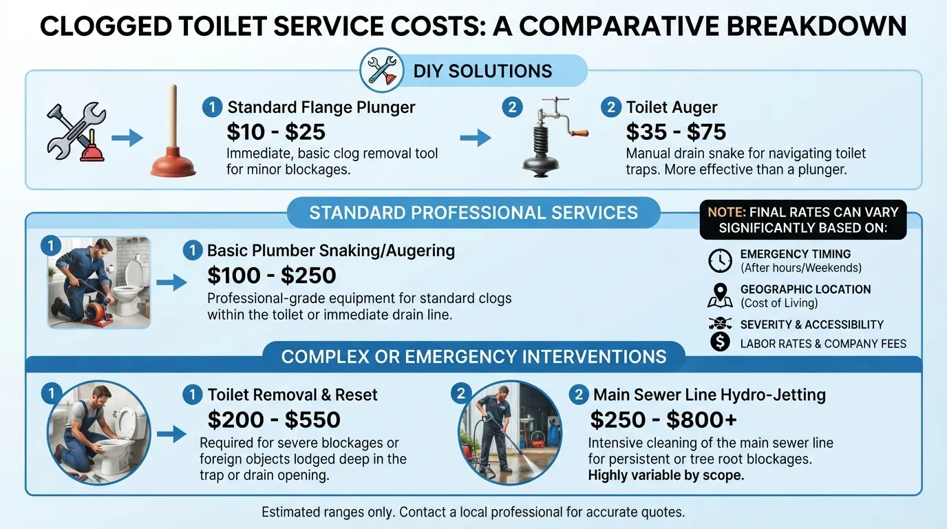 Infographic comparing DIY toilet unclogging tool costs against professional plumber pricing, showing price ranges from $10 to $800. 