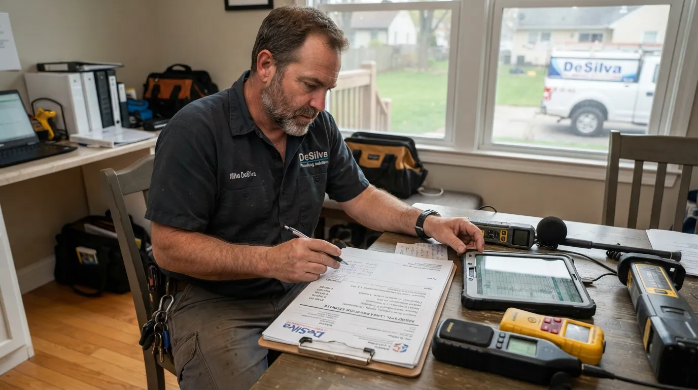 A professional plumber calculating service pricing and diagnostic costs for underground water leak detection on a clipboard.