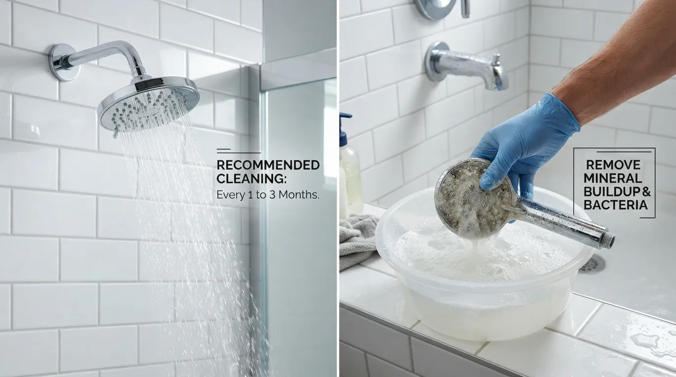 A visual guide showing a recommended cleaning schedule for shower heads, comparing a clean, mineral-free shower head in a modern bathroom setting versus one actively undergoing maintenance to illustrate how often they should be cleaned.
