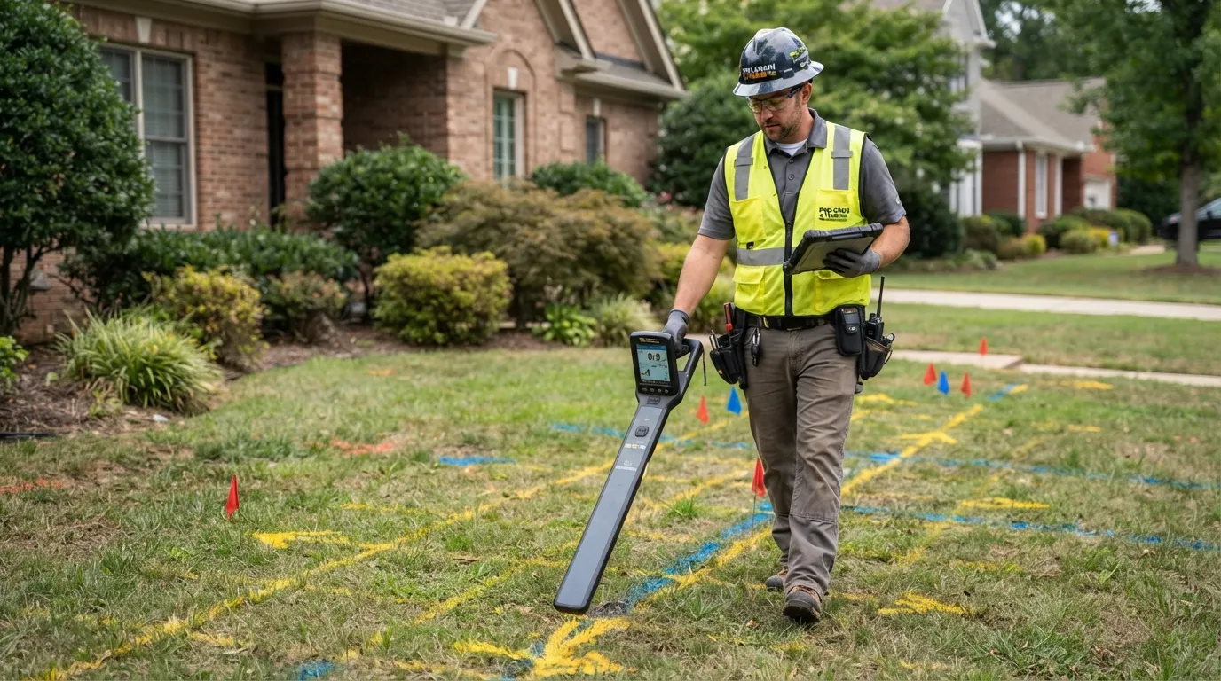 A utility technician using an electromagnetic pipe locator and transmitter to trace underground water lines on a property.