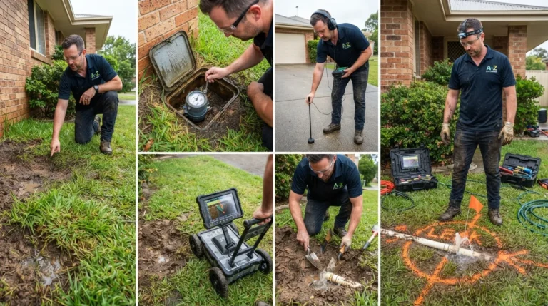 Plumber locating an underground water leak through a step-by-step inspection and leak detection process.